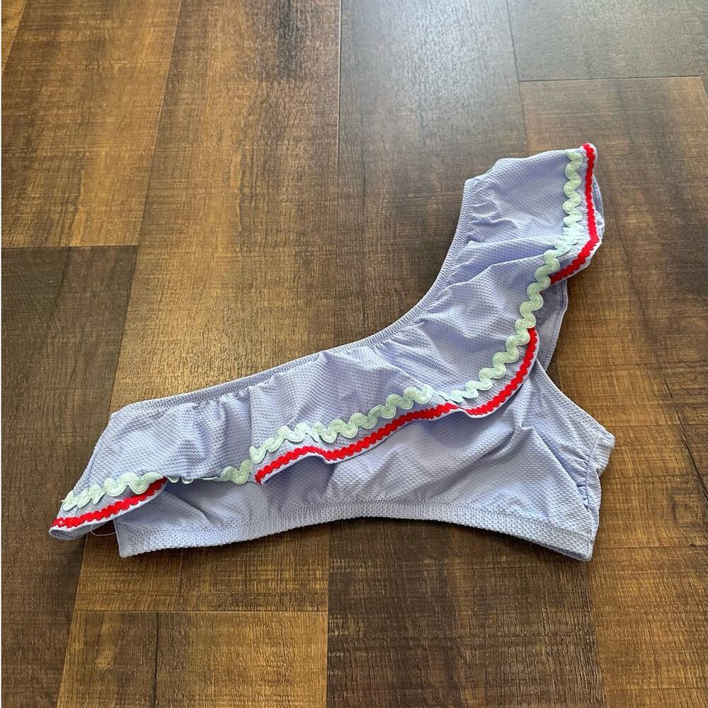 J.Crew One Shoulder Ruffle Bikini Top Blue Scallop Trim Size Small